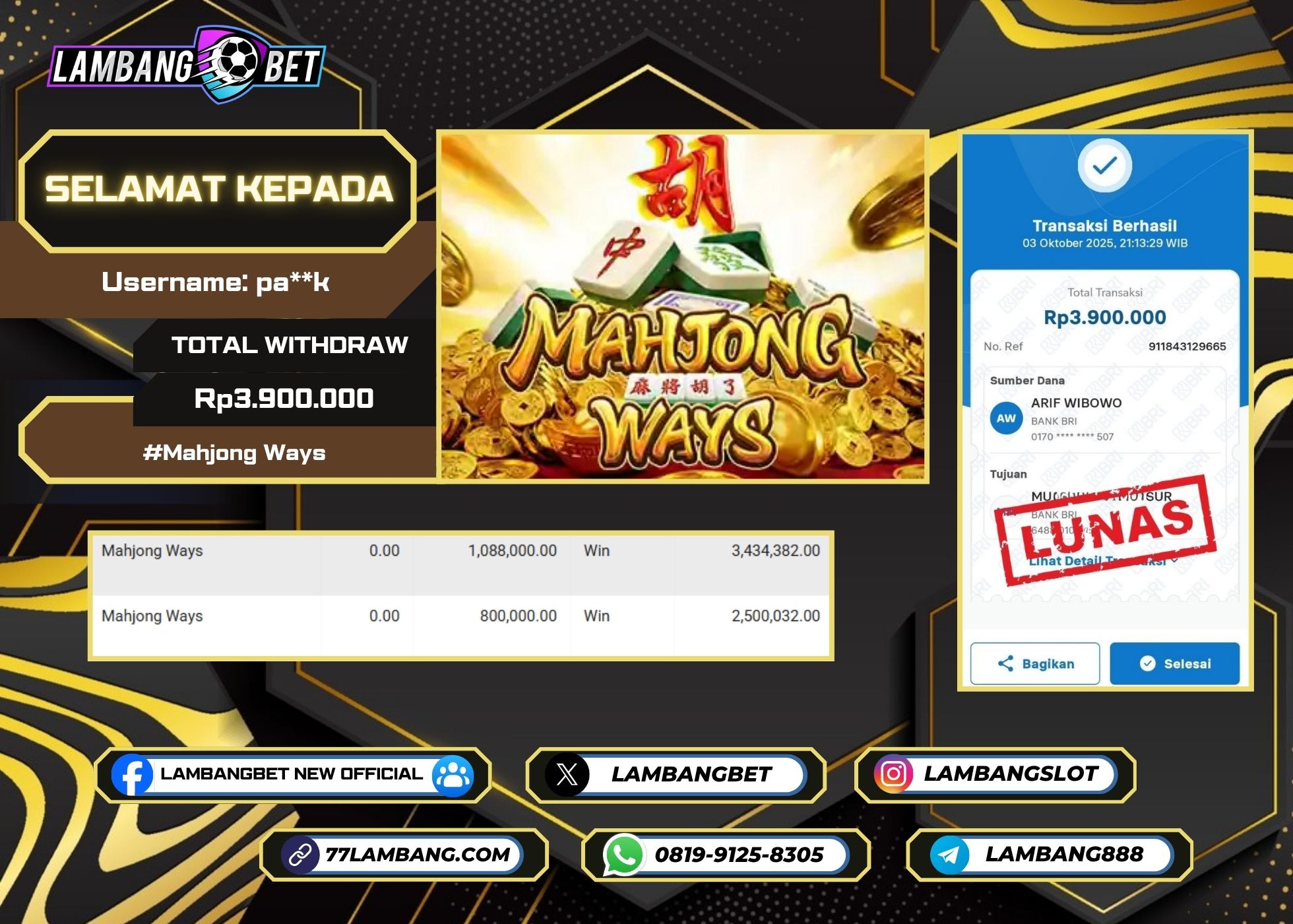 LAMBANGBET [3 OKTOBER 2025] JACKPOT SLOT Mahjong Ways "Rp3.900.000" LUNAS